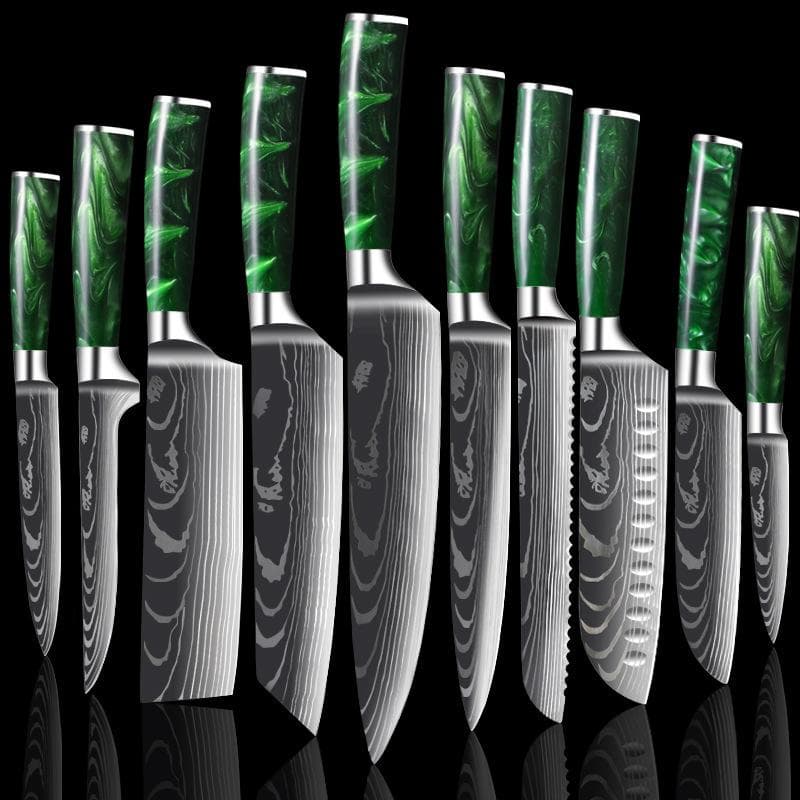 10PCS Kitchen Knives Stainless Steel 7CR17 440C Laser Damascus Japanese Santoku Cleaver Slicing Utility Chef Knife 10pcs green
