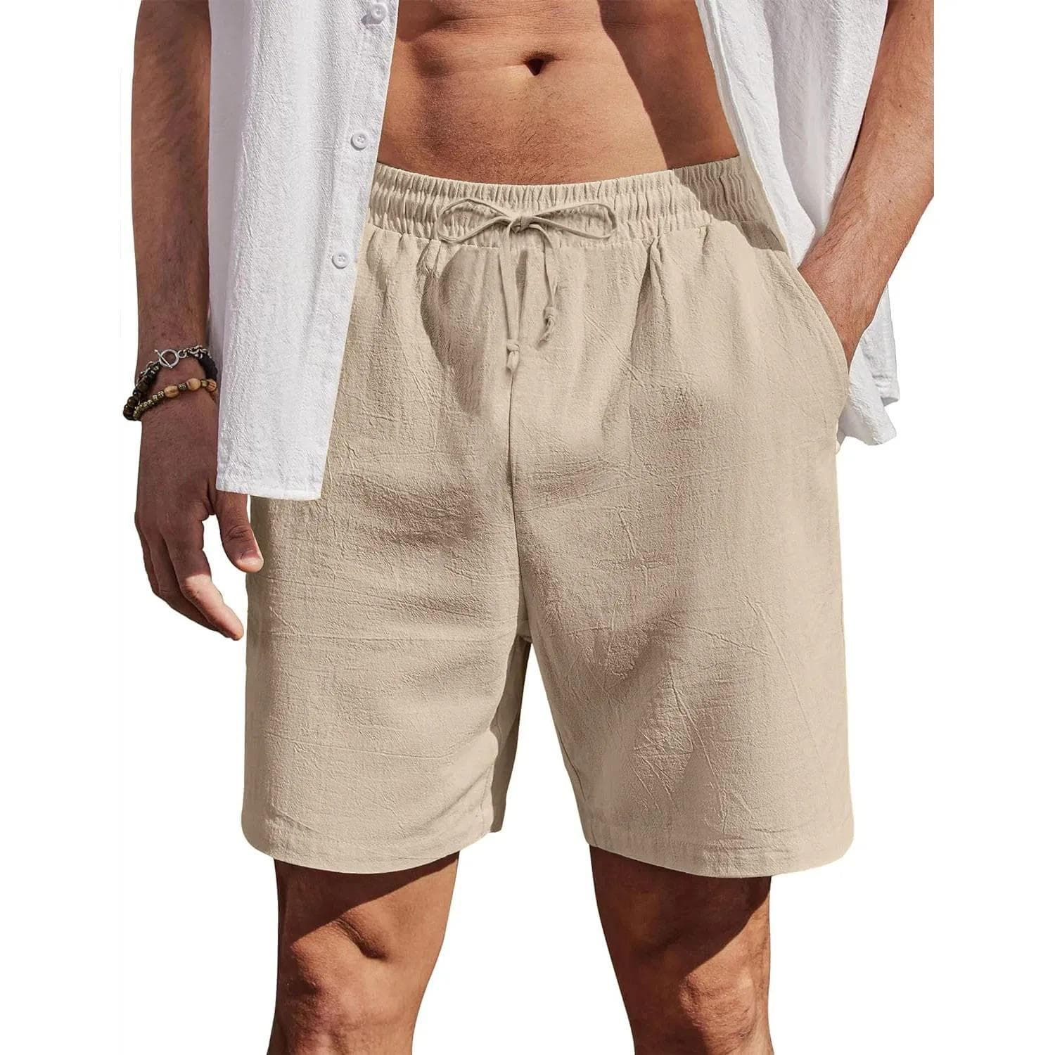 Men's Cotton Linen Shorts Beach Style Lightweight Breathable Casual Short Pants Vacation Hawaii Loose Fit Comfortable Shorts L khaki