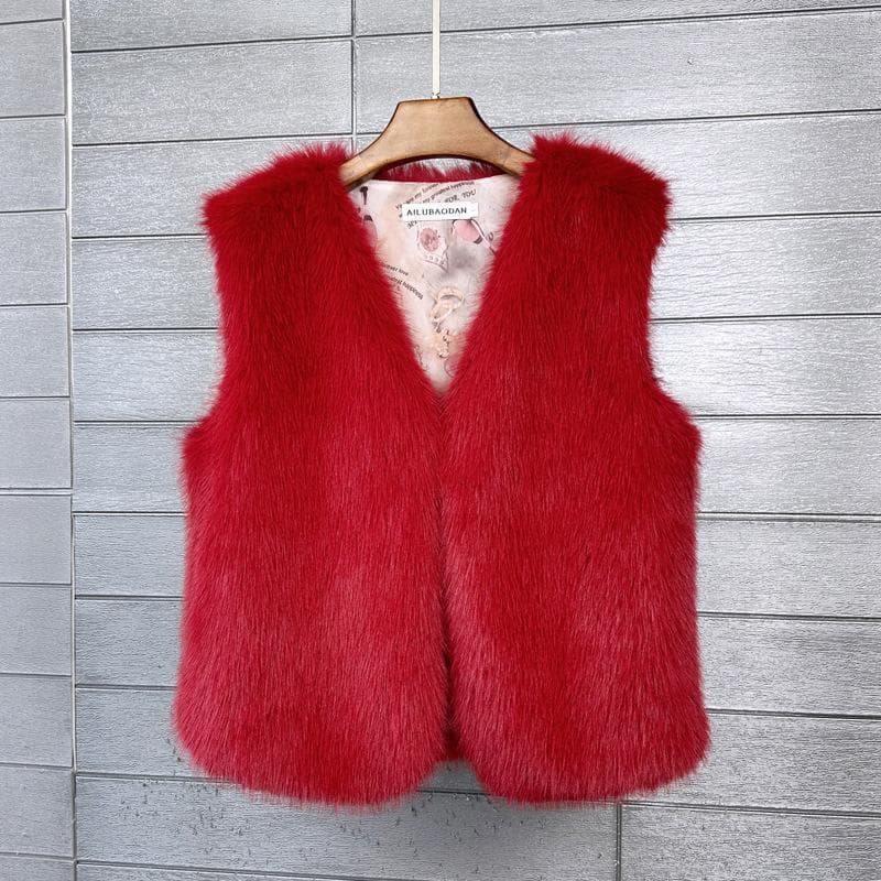 Women'S Faux Fur Vest Short Sleeveless Warm Winter Furry Cardigan Jacket Vest Temperament Versatile Candy Color Open Front Vest L red