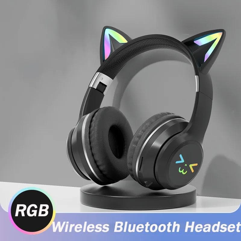 2024 New Cute Cat RGB Colour Lights Wireless Headphones Bluetooth 5.1 Stereo Music Gaming Headsets for Girls Kids Gift Headset with Microphone black