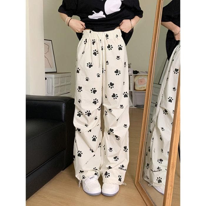 Niche Dog Paw Print Casual Wide-leg Pants for Women In Summer New Versatile Straight Thin Trousers 2XL white