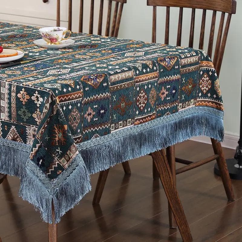 Geometric Patterns Chenille Tablecloth Tassel Edge Embroidered Dining Table Cover Rectangular Thick Wear-resistant Table Cloth 130x130cm 1pcs