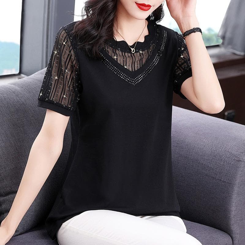 Mesh Short-sleeved T-shirt Women's Large Size New Mother's Diamond-inlaid Top 5XL