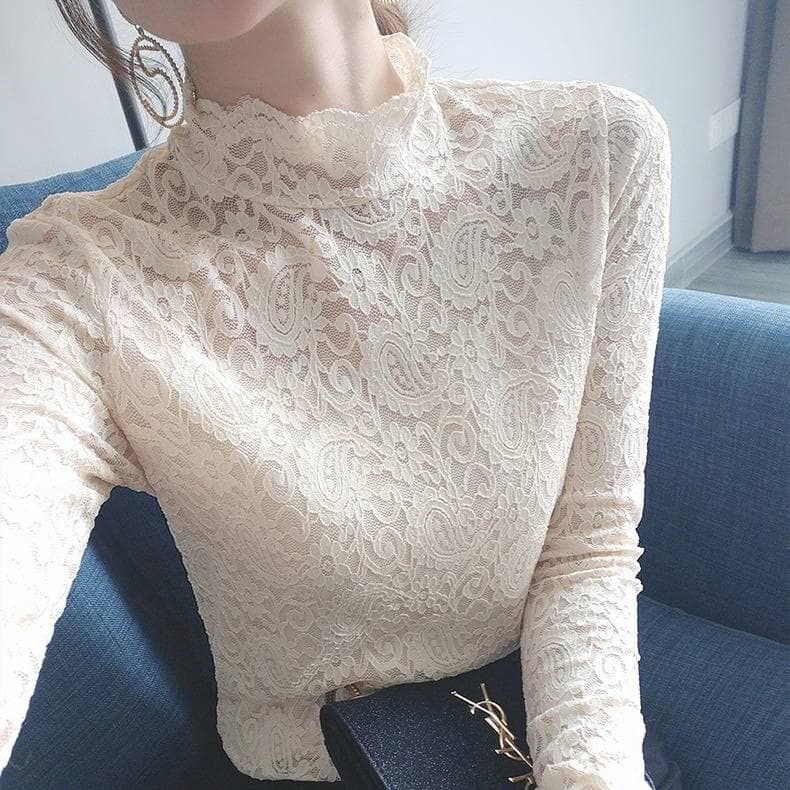 Autumn and Winter Round Neck Stretch Sweater Lace Embroidery Base Sweater M