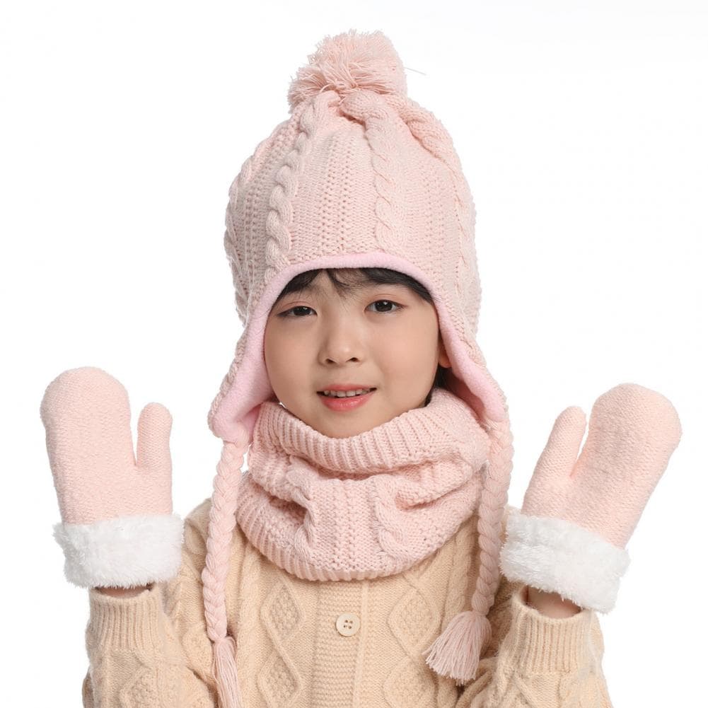 3 Pcs/Set Children Hat Scarf Glove Set Thickened Plush Ball Decor Twisted Texture Knitted Heat Retention Windproof Warm Girls Bo light pink