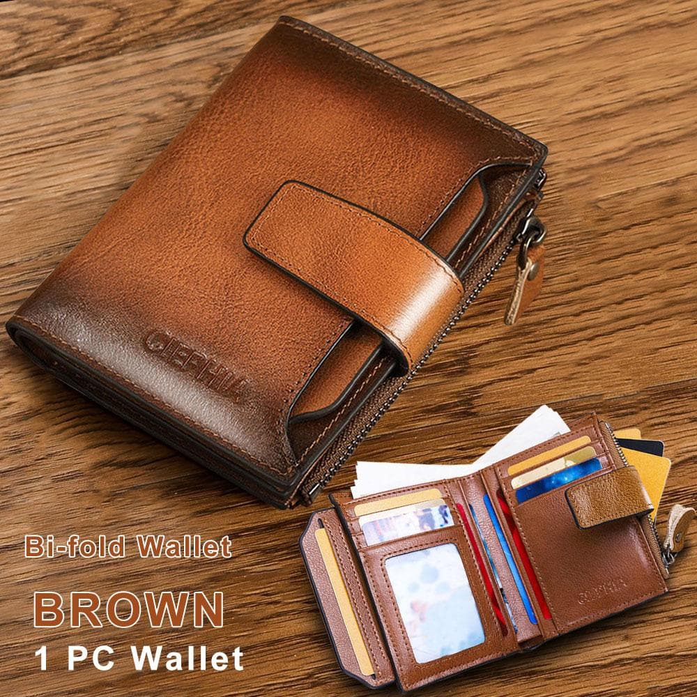 Men's Genuine Leather Wallet Vintage Short Multi Function Card Slots RFID Blocking Protection Zipper Coin Pocket Money Bags S brown