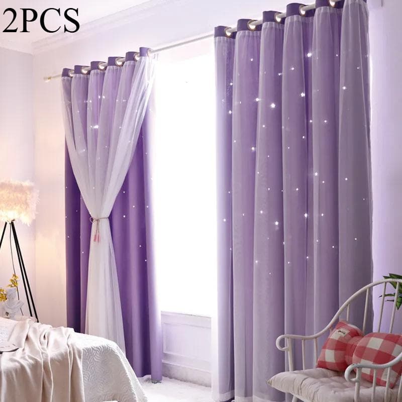 Double Layers Romantic Sheer Kids Children Girls Curtains With Hollow Out Stars For Living Room Bedroom Windows Drapes 100X130cm