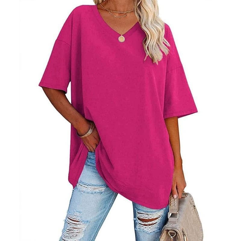 Summer Women's T-shirt Casual Solid Color V-Neck Large Size Loose Short Sleeve Top S rose red