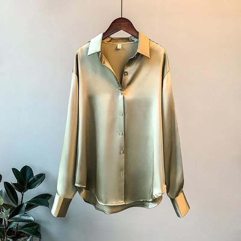 Satin Shirt Ladies Blouse Spring Autumn Tops Women Clothing Button Up Long Sleeve Solid Loose Shirts 3XL green