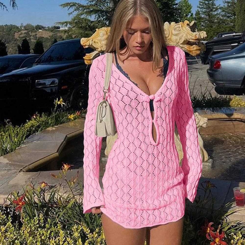 New Summer Sexy Hollow Knitted Beach Skirt Bikini Swimsuit Hoodie Dress L pink