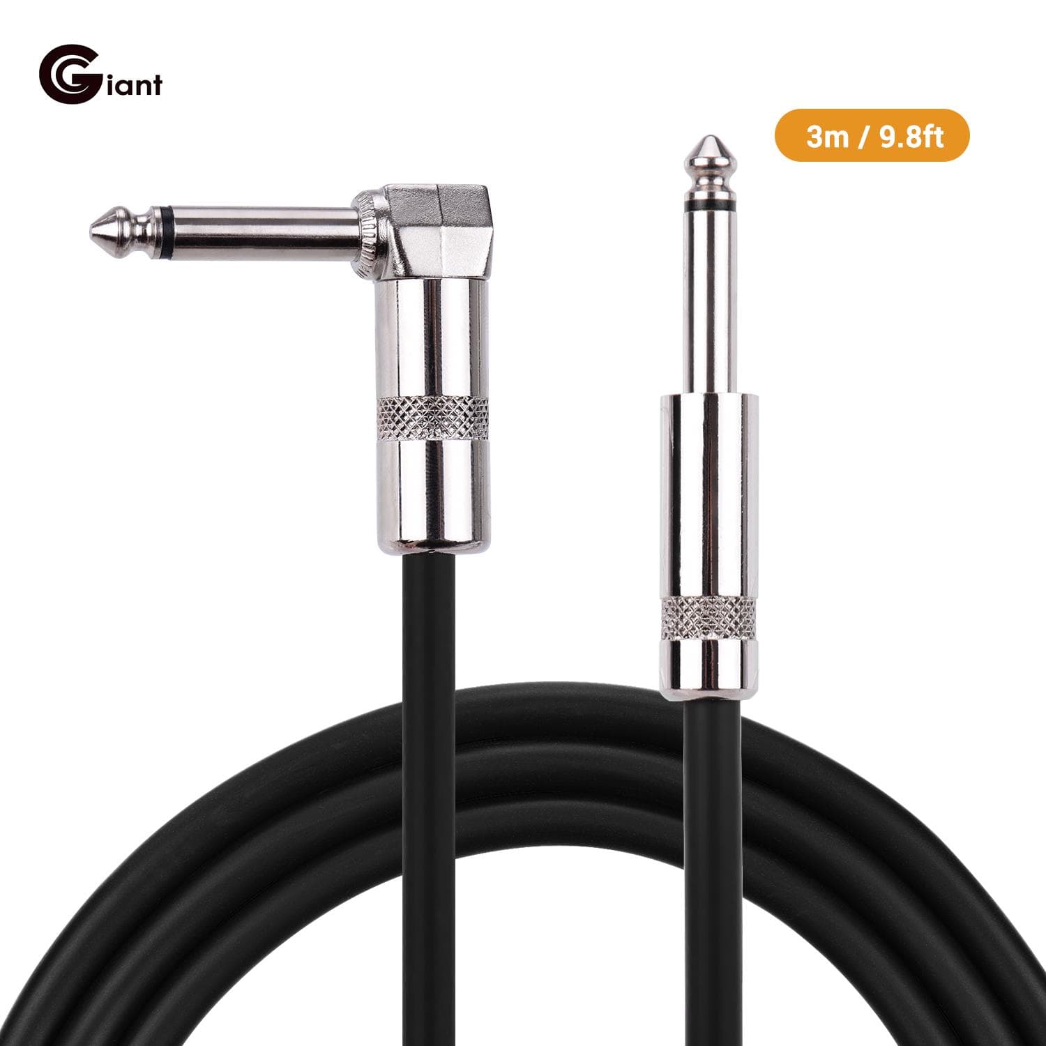 Ggiant ASC-21 Musical Instrument Cable Straigth to Right Angle Audio Cables Black Rubber Jacket 3m black