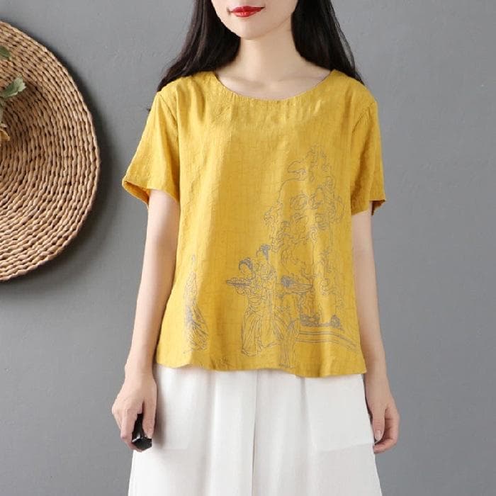 Chinese Style Retro Cotton and Linen Top for Women In Summer New Short-sleeved Round Neck Loose Large-size Casual T-shirt 4XL yellow