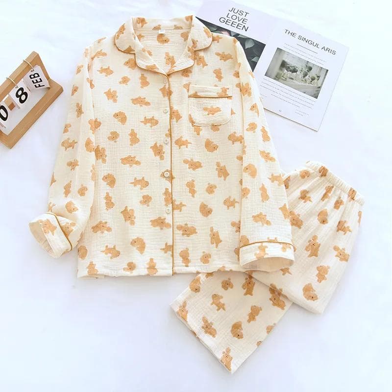 New Spring and Summer Women's Pajamas Set 100% Cotton Crepe Long-sleeved Pants Thin Cute Cartoon Cardigan Home Two-piece Set XXL