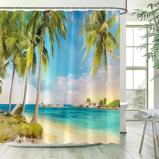 Ocean Landscape Shower Curtain Beach Palm Trees Parrots Dolphins Sea Waves Nature Scenery Bath Curtains Fabric Bathroom Decor W120xH180cm