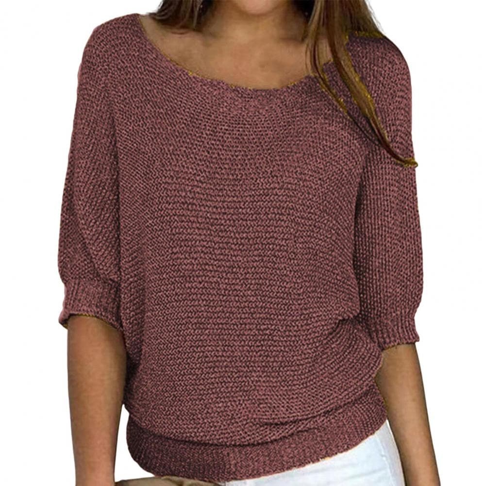 Women Tops Round Neck 3/4 Sleeve Solid Color Tee Shirt Loose Fit Knitting Blouse Stretchy Breathable Tops Streetwear M dark brown