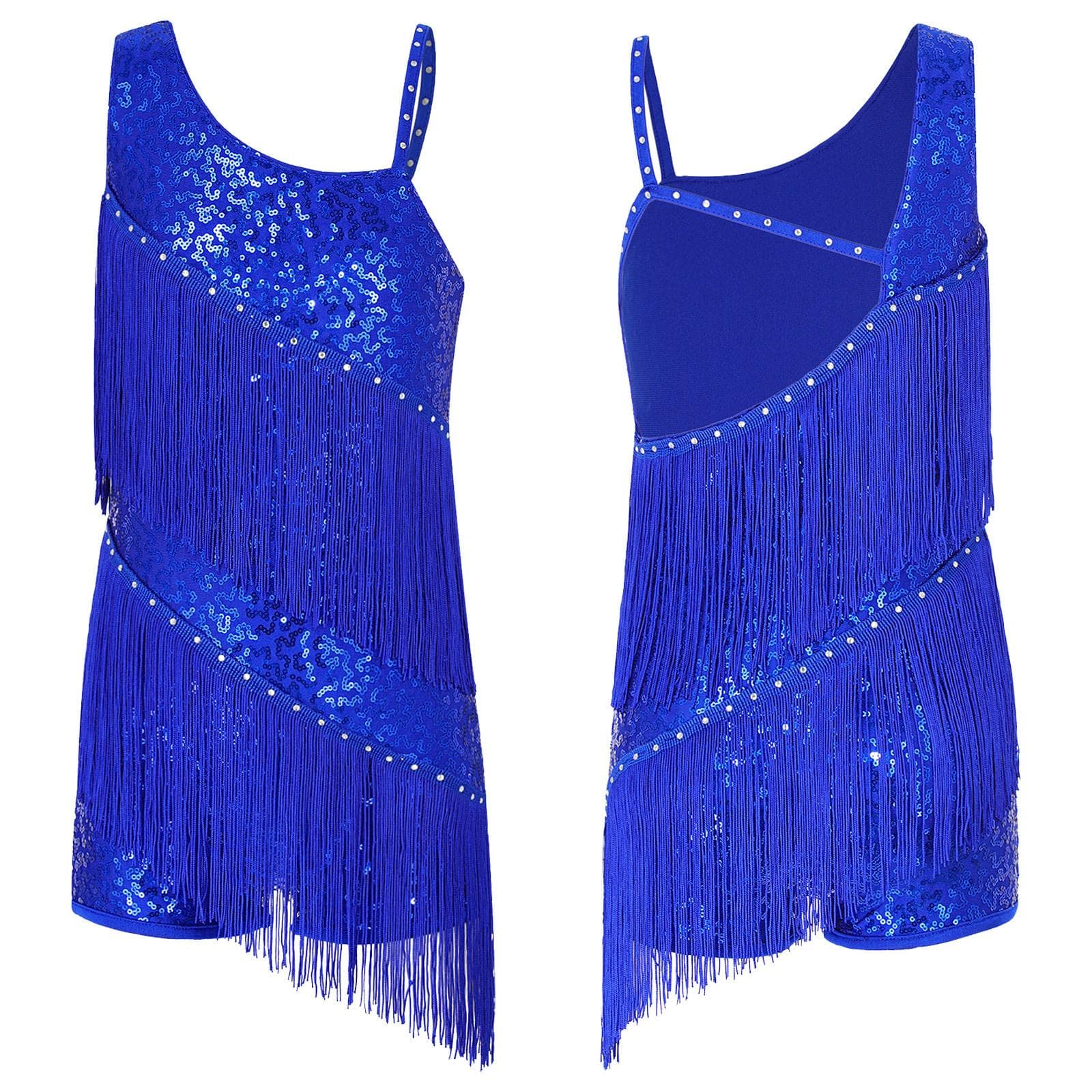 Kids Dancing Competition Party Wear Girls Sequins Ballroom Costumes Tassel Latin Jazz Dance Performance Dress 5-6 Years royal blue