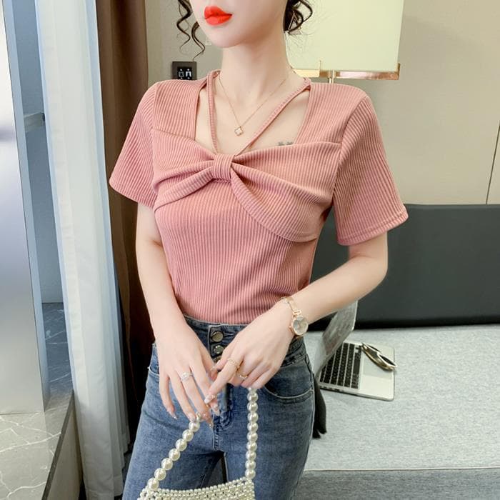 Short-sleeved T-shirt for Women's New Bow Design Versatile Slim Style Top for Women XL pink