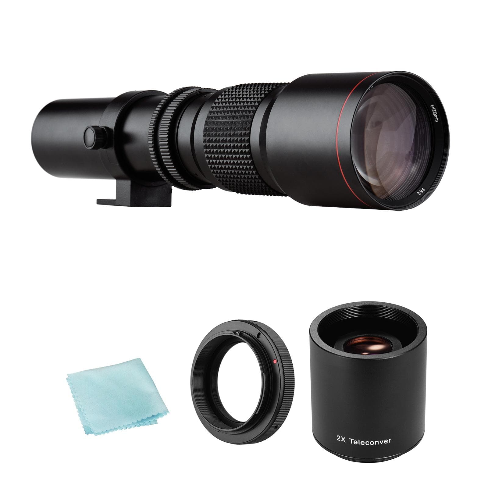 Camera Super Telephoto Lens 500mm F/8.0-32 Manual Zoom T-Mount  + 2X 500mm Teleconverter Lens + black