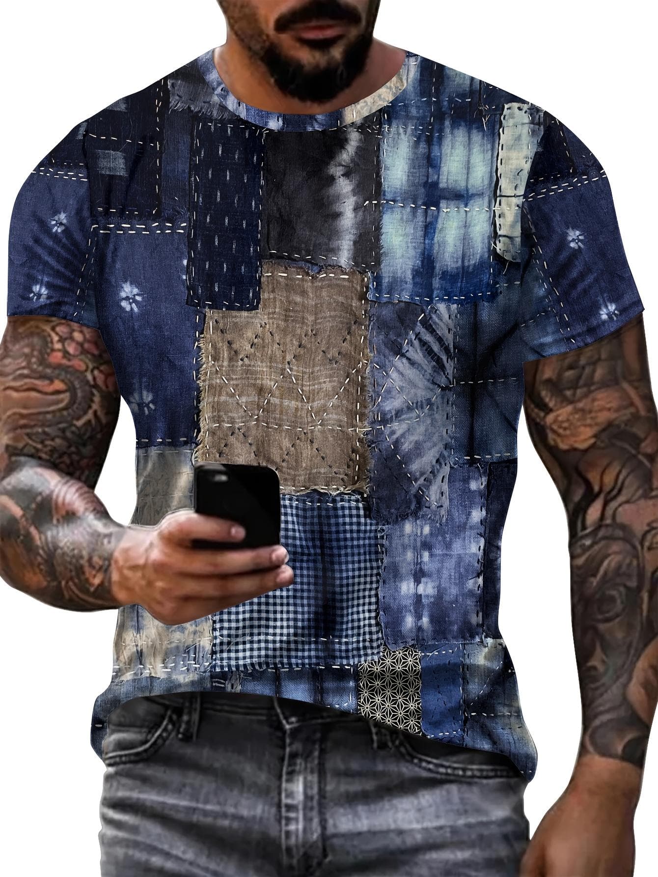 Men's T Shirt 3D Digital Patchwork Graphic Print Short Sleeve T-Shirts Comfy Casual Elastic Crew Neck Men Outdoor Activities Top 3XL