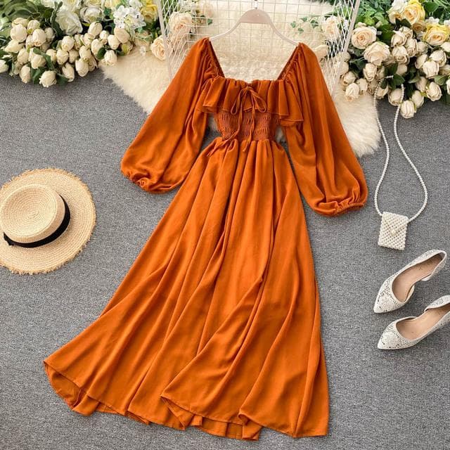 Chic Elegant Square Collar Maxi Dress Women Solid Chiffon Puff Sleeve Dresses Korean Fashion Vintage Ruffle Vestidos One Size khaki
