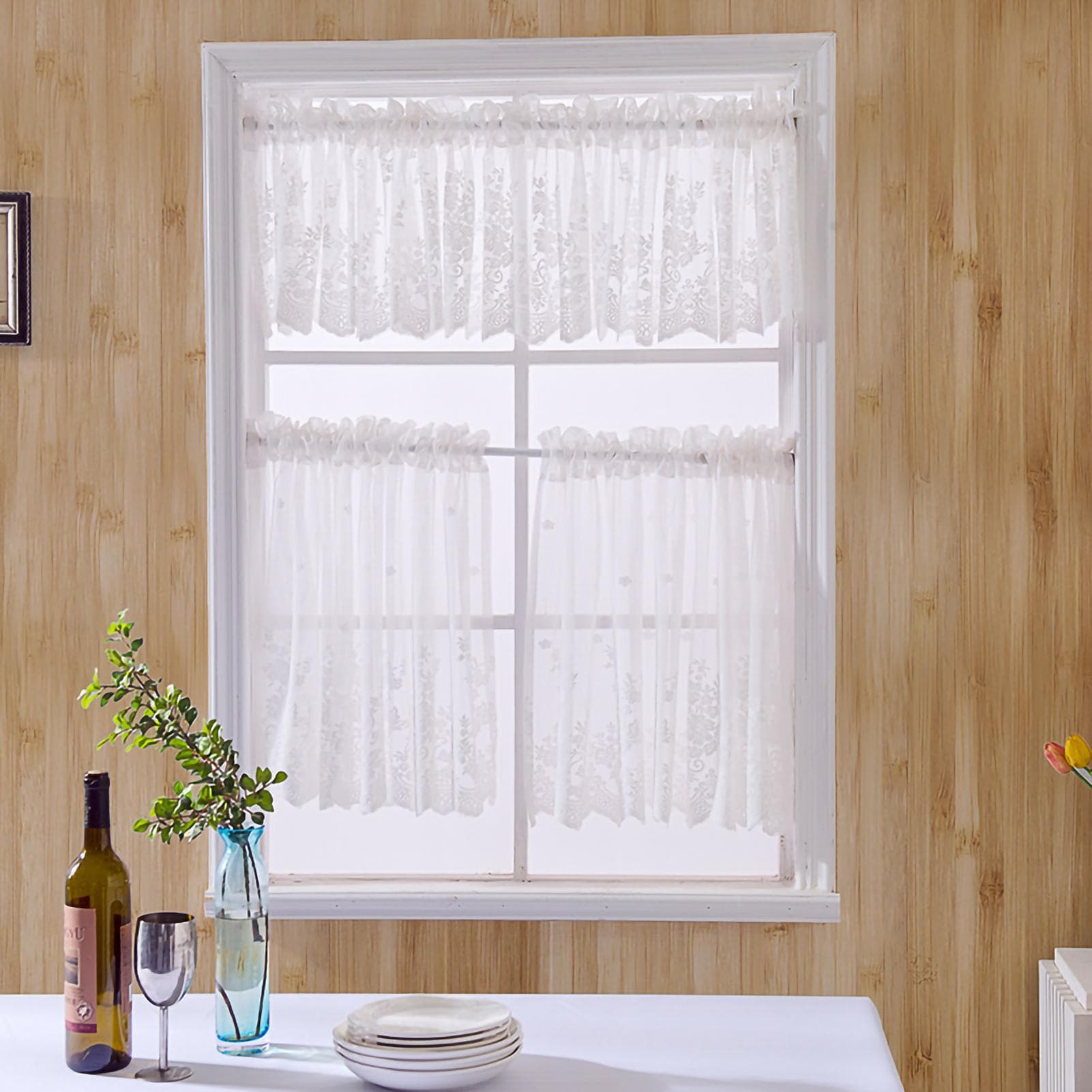 Kitchen Curtains Polyester Breathable Door Window Coffee Curtain Valances with EmbroideryWhite