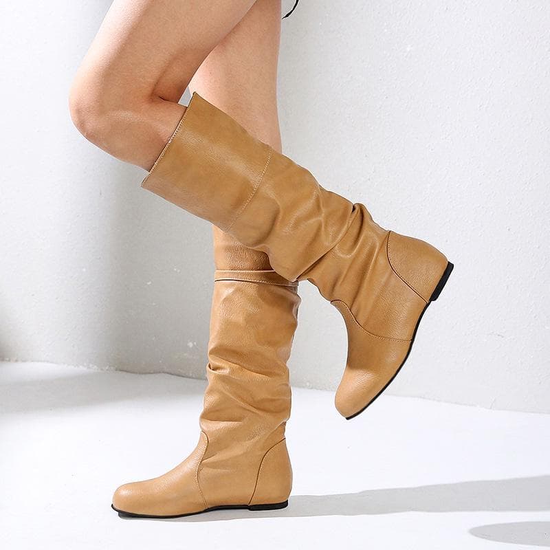 European Cross-Border Women's Mid-Calf Pleated Knight Boots - Round-Toe, Large Size, 2022 Autumn/Winter Collection 35