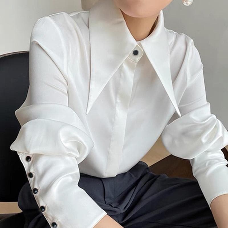 Autumn Vintage Satin Silk Women Shirt Elegant Turn Down Collar Woman Blouse White Long Sleeve Ladies Shirts Tops Blusas 16946 M white