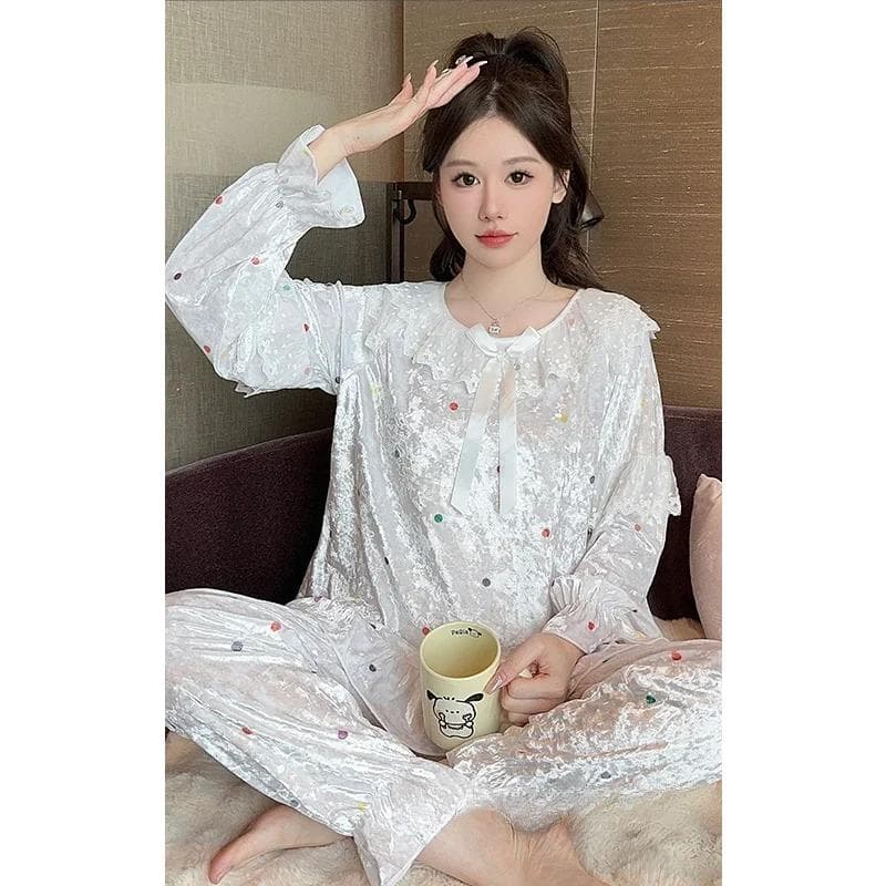 French Pajamas Set Women's Long Sleeve Cardigan Trousers Two Piece Home Clothes Velvet Pajamas Sweet Home Clothes Kawaii Clothes 2XL