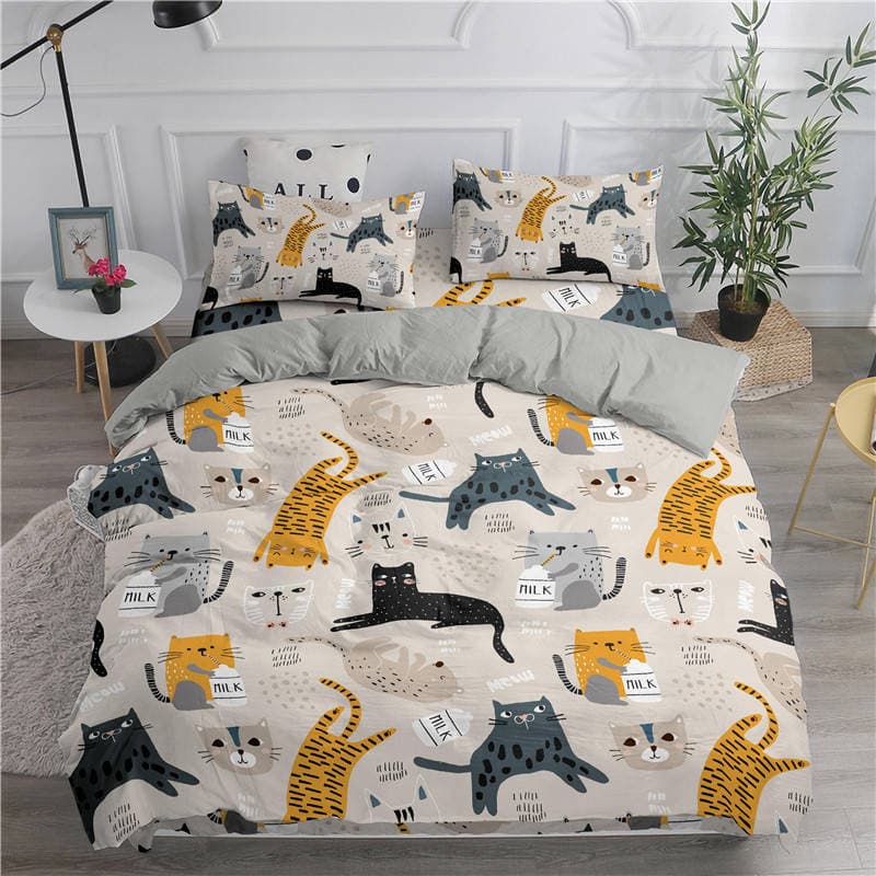 Cartoon Bedding Set Cute Cats Printed 3D Duvet Cover Set Twin Full Queen King Double Sizes Pillowcase Bedclothes Soft Polyester EU single(135x200cm)