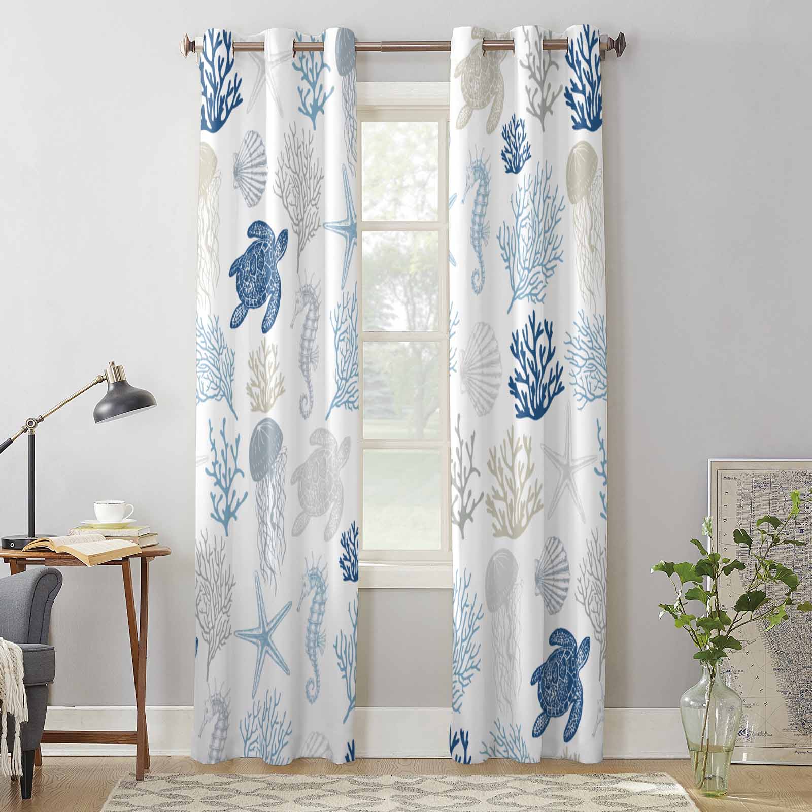 Summer Sea Life Sea Turtle Starfish Coral Window Curtains for Living Room Luxury Bedroom Curtain Kitchen Blinds Drapes Curtains 135W x 230H(cm) x2
