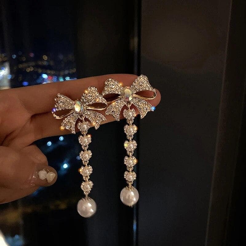 Korean Elegant Rhinestone Bowknot Drop Earrings for Women Girls Fashion Long Tassel Pearl Pendientes Weddings Party Jewelry