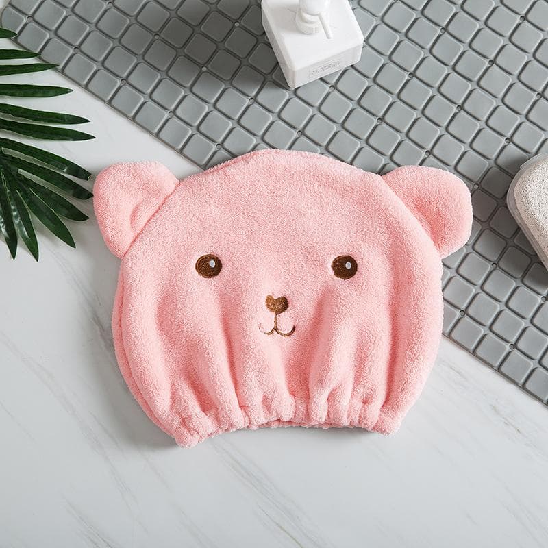 Dry Hair Cap For Women Quick-drying Absorbent Thick Microfiber Head Towel Korean Cute Bear Embroidered Shower Cap Towel pink