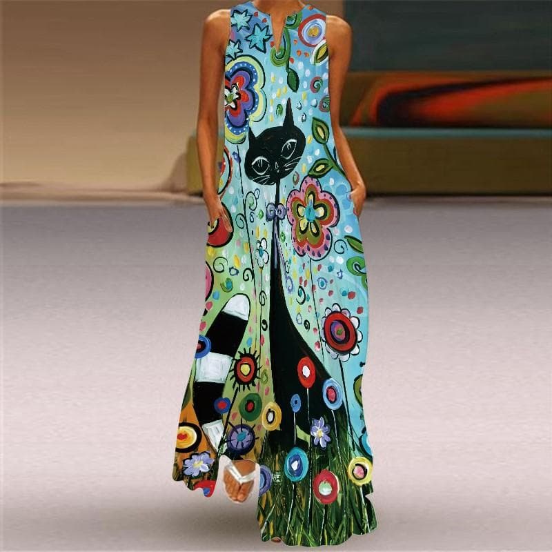 Summer Women's Dress Sleeveless Dress V-neck Print Dress M