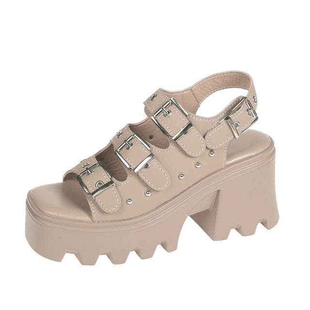 Large Size Women High Heeled Sandals Summer Punk Height Increasing Sandal Motorcycle Gothic Woman Shoes Khaki Platform Sandals 42 khaki