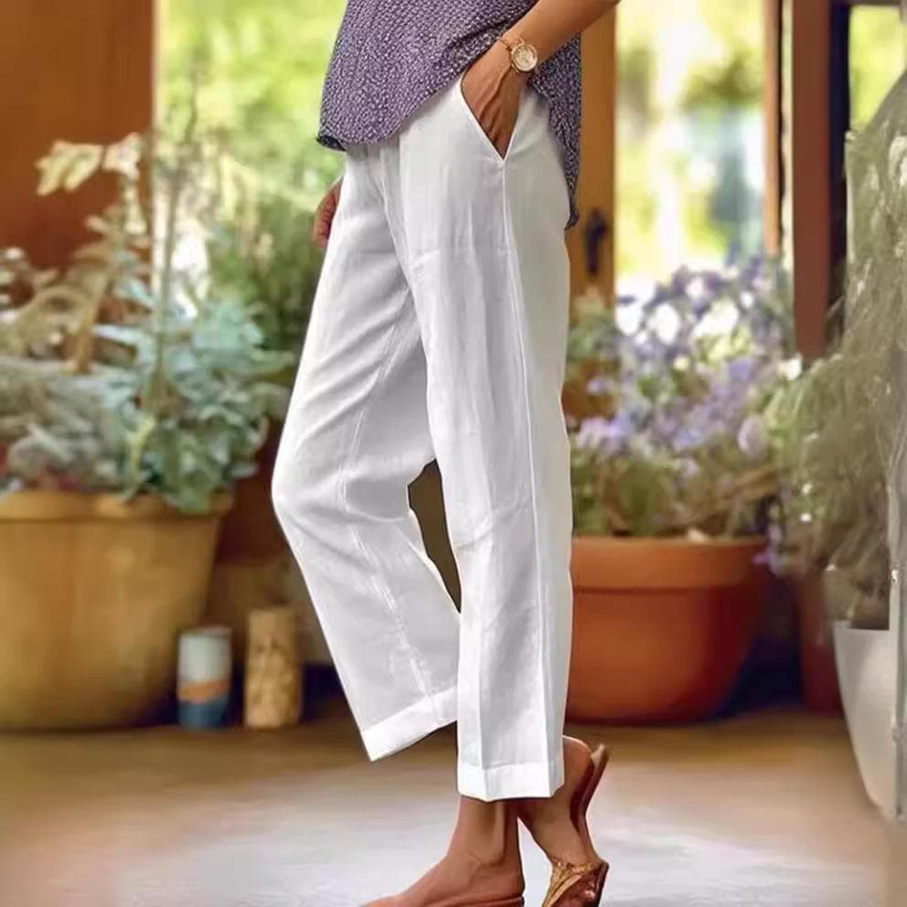 Cotton and Linen Women's Loose Fashion Solid Color Straight Casual Pants Women's Clothing XL white