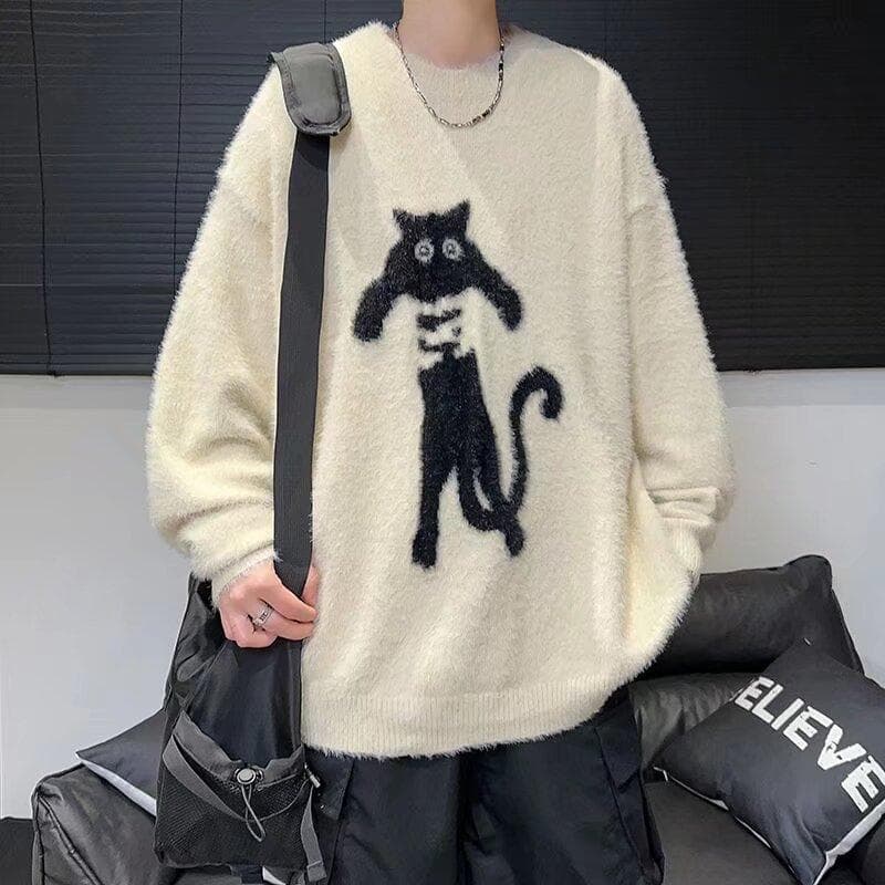 Men's Cute Cat Pattern Sweater Loose Crew Neck Knitted Pullover Long Sleeve Autumn Jumper Winter Warm Clothes XL apricot