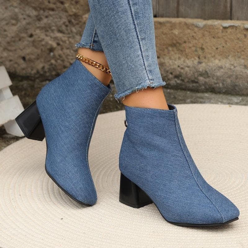 Fashion Shoes Female 2024 Fashion Zipper Women's Boots Winter Denim Square Toe Solid Short Barrel Chunky Heel Casual Nude Boots Zapatos 37 blue