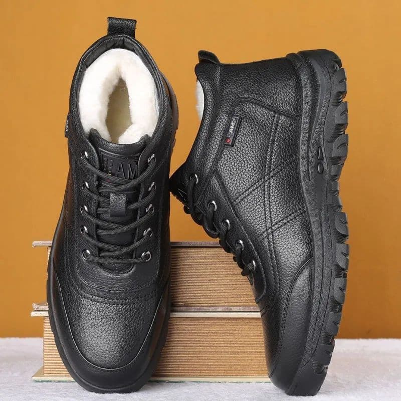 Men's Soft Leather Winter Middle-aged and Elderly High-top Non-slip Plus Velvet Thickened Dad To Keep Warm Elderly Walking Cotton Shoes Men 44 black