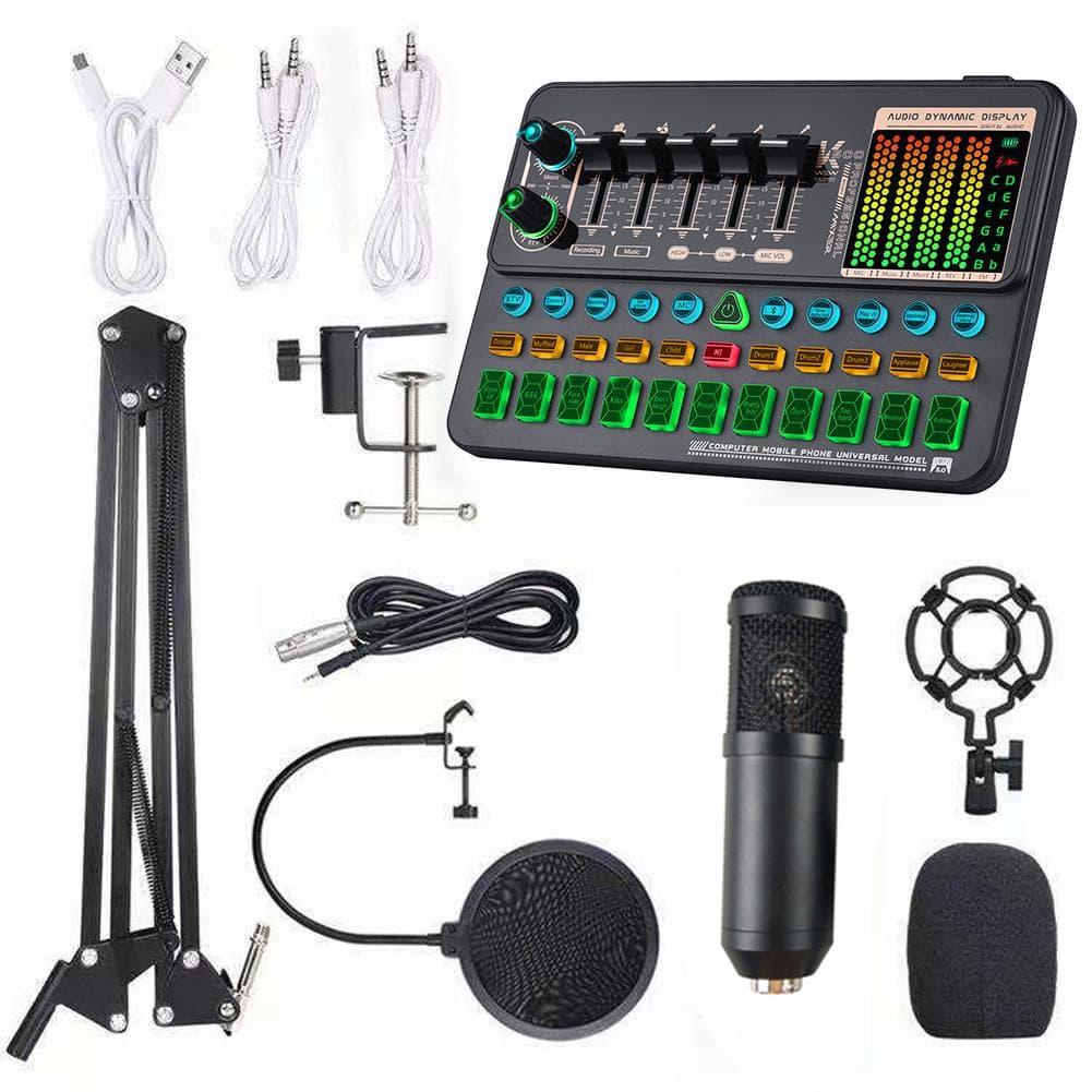 Multifunctional Live SK500 Sound Card and BM800 Suspension Microphone Kit Broadcasting Recording black