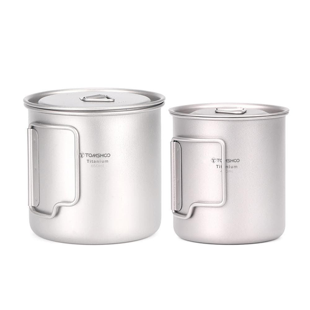 TOMSHOO Ultralight Titanium Cup Outdoor Portable 2PCS Cup Set 350ml 750ml Camping Picnic Water Cup Mug with Foldable Handle 420ml & 650ml