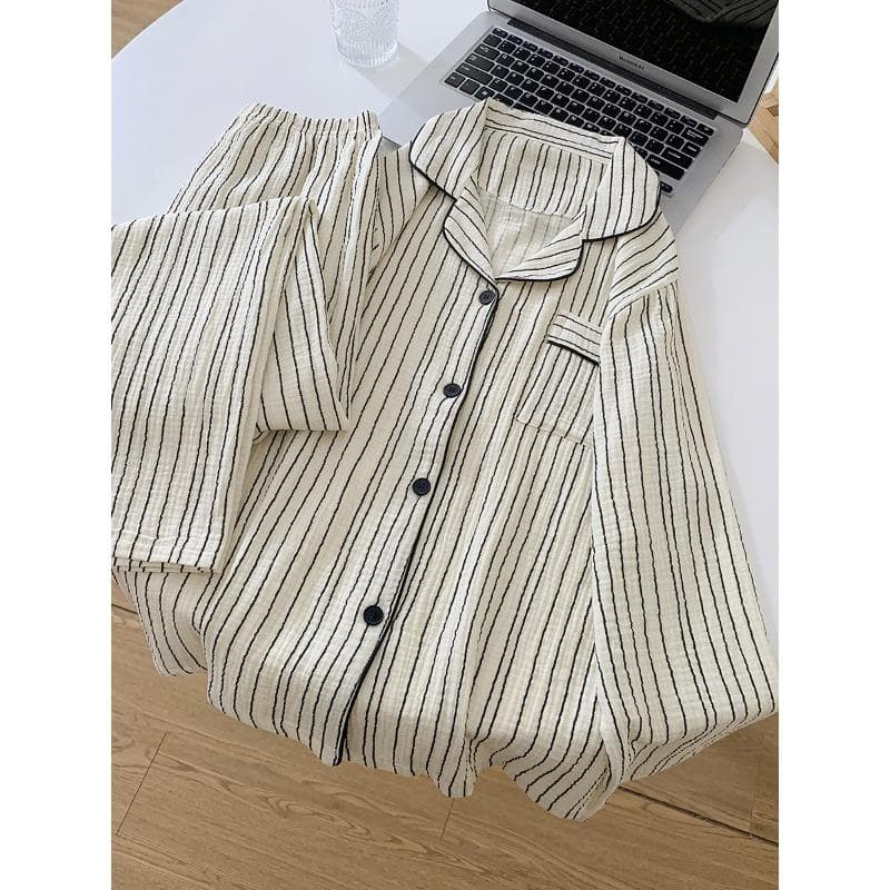 Korean Women's Pajamas Autumn Spring Long Sleeve Soft Sleepwear Set Gauze Cotton Striped Printed Pyjama Woman Nightwear Set XL