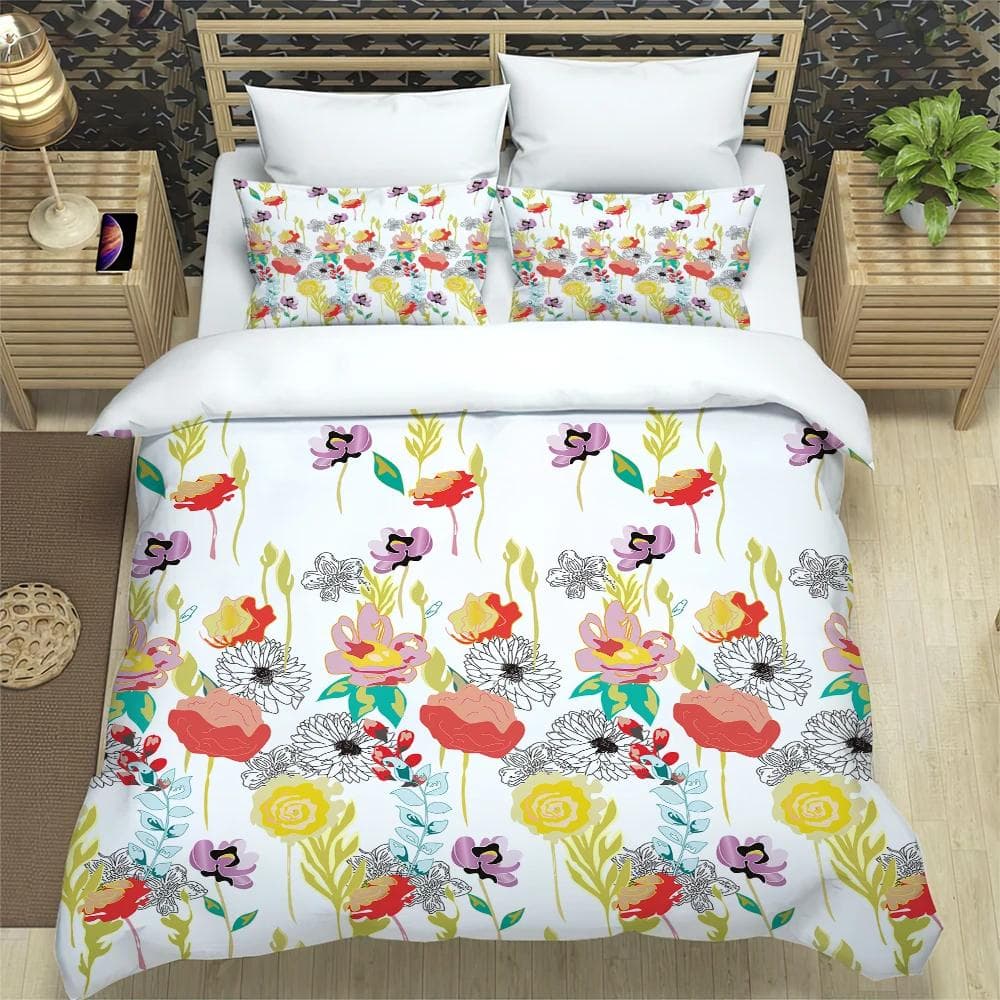 Floral Bedding Set Comforter Duvet Cover Pillow Shams Poppies of Spring Season Pastoral Flowers Bot Bedding Cover Double Bed Set 155x215cm 3pcs
