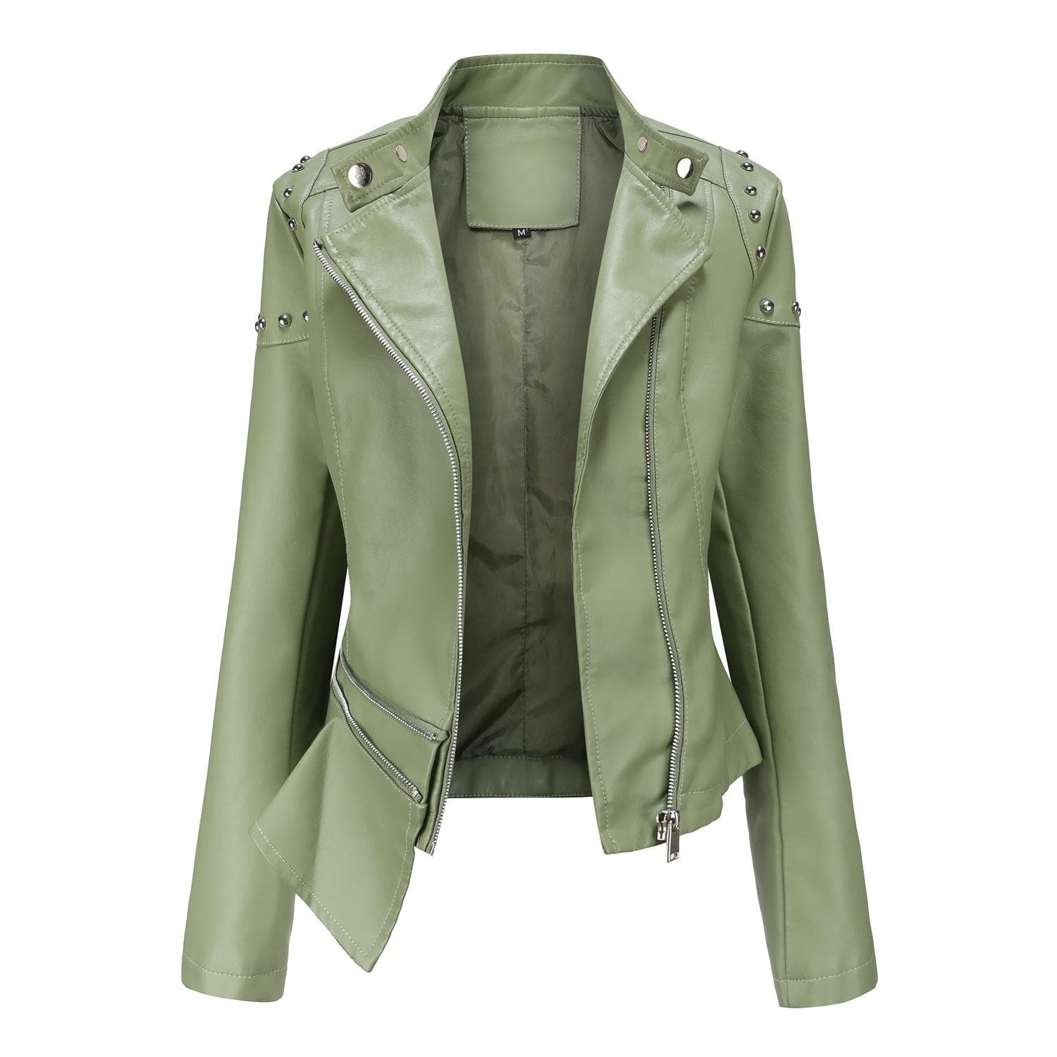 New Rivet Fashion Stand Collar Leather Coat Women's Solid Color Jacket Women's Spring and Autumn Coat Women's Rivet Leather Coat XL green