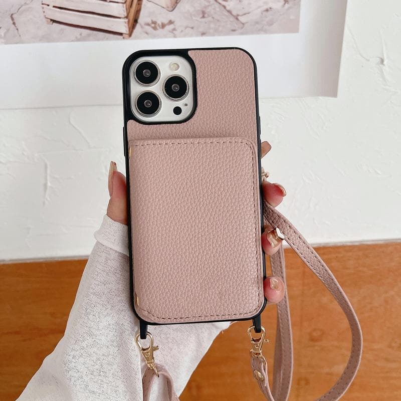 Lanyard Litchi Grain Leather Card Pocket Case For iPhone 16 Pro Max 15 Pro 14 13 12 11 Shockproof Luxury Phone Shell Cover iPhone 15 pink