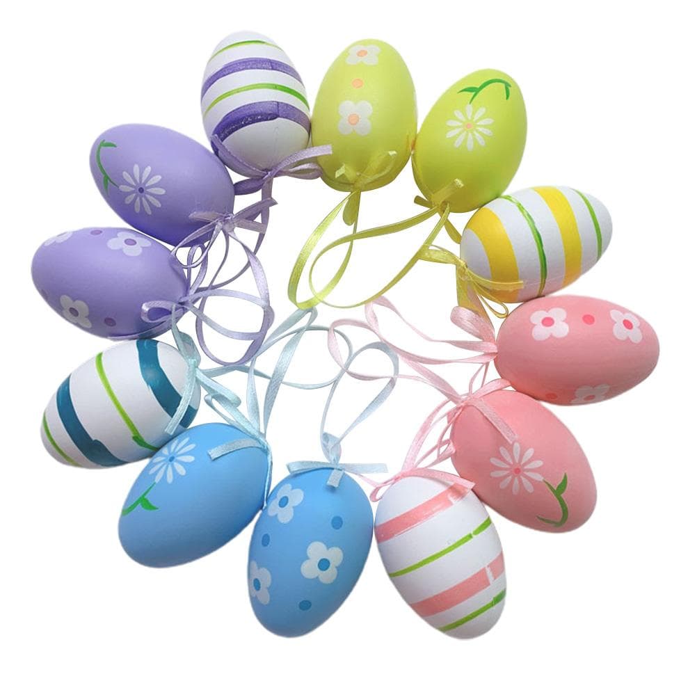12 Pcs Easter Eggs for Hanging Plastic Colorful Easter Eggs with Silk Ribbon Decorative Easter Eggs
