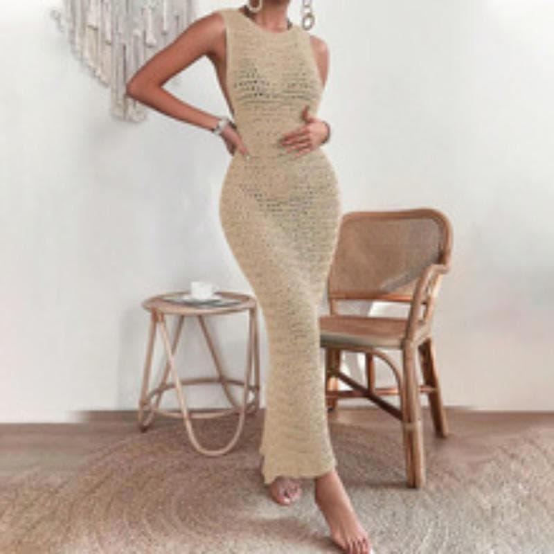 Summer Monsoon Street Women's Knitted Pullover V-neck A-line Skirt Dress L beige