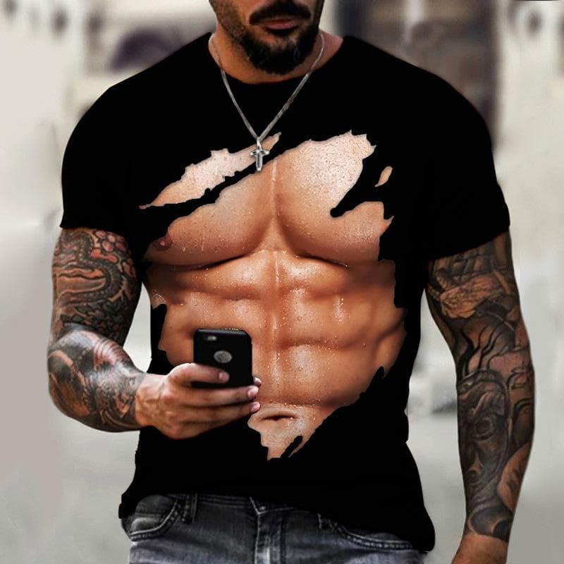 Muscle Men T-shirt Abdominal Muscle3D Printed Men's Fashion Personality Short Sleeve Summer Cool Streetwear Oversized Tops S