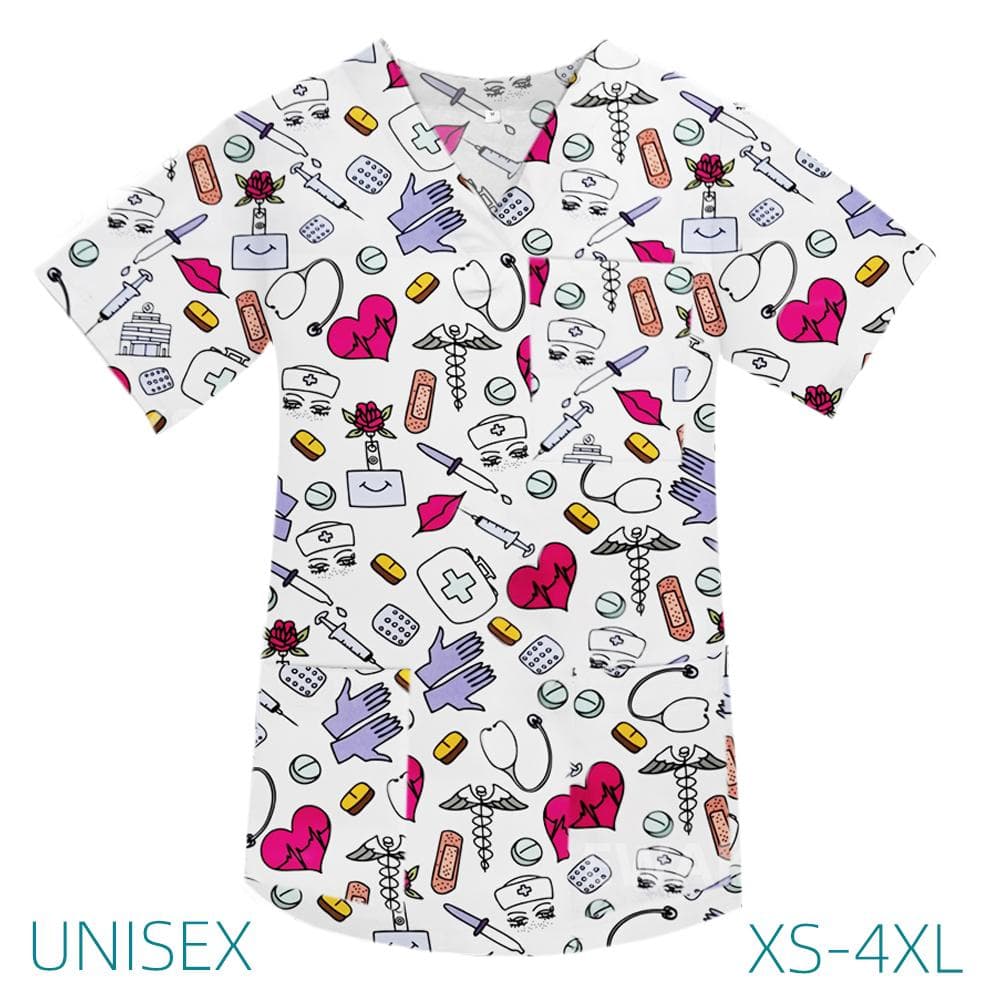 Hospital Working Uniforms Medcine Teeth Print Nursing v-neck blouse Dental clinic Uniform Medical Nurse short sleeve Scrub Tops S
