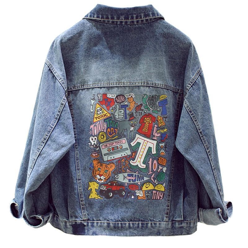 Streetwear Style Print Women's Denim Jacket Coat Diamonds Hole BF Jeans Outwear Female Spring Autumn Casual Loose Cowboy Outwear S blue