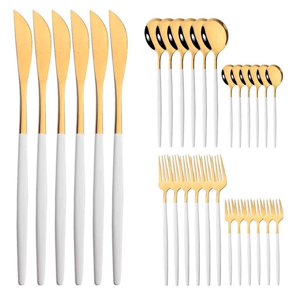30Pcs Black Gold Cutlery Set Knife Cake Fork Spoon Dinnerware Set Flatware Stainless Steel Silverware Party Kitchen Tableware gold/white